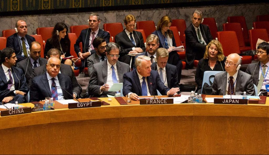 French Foreign Minister Jean-Marc Ayrault (C) speaks at the United Nations Security Council before a vote on a French-Spanish resolution on Syria at the UN headquarters, October 8, 2016, in New York City. 
Russia on Saturday vetoed a United Nations draft resolution demanding an end to the bombing of Syria's war-battered city of Aleppo, despite an appeal from France to save the city from destruction. / AFP / DOMINICK REUTER        (Photo credit should read DOMINICK REUTER/AFP/Getty Images)